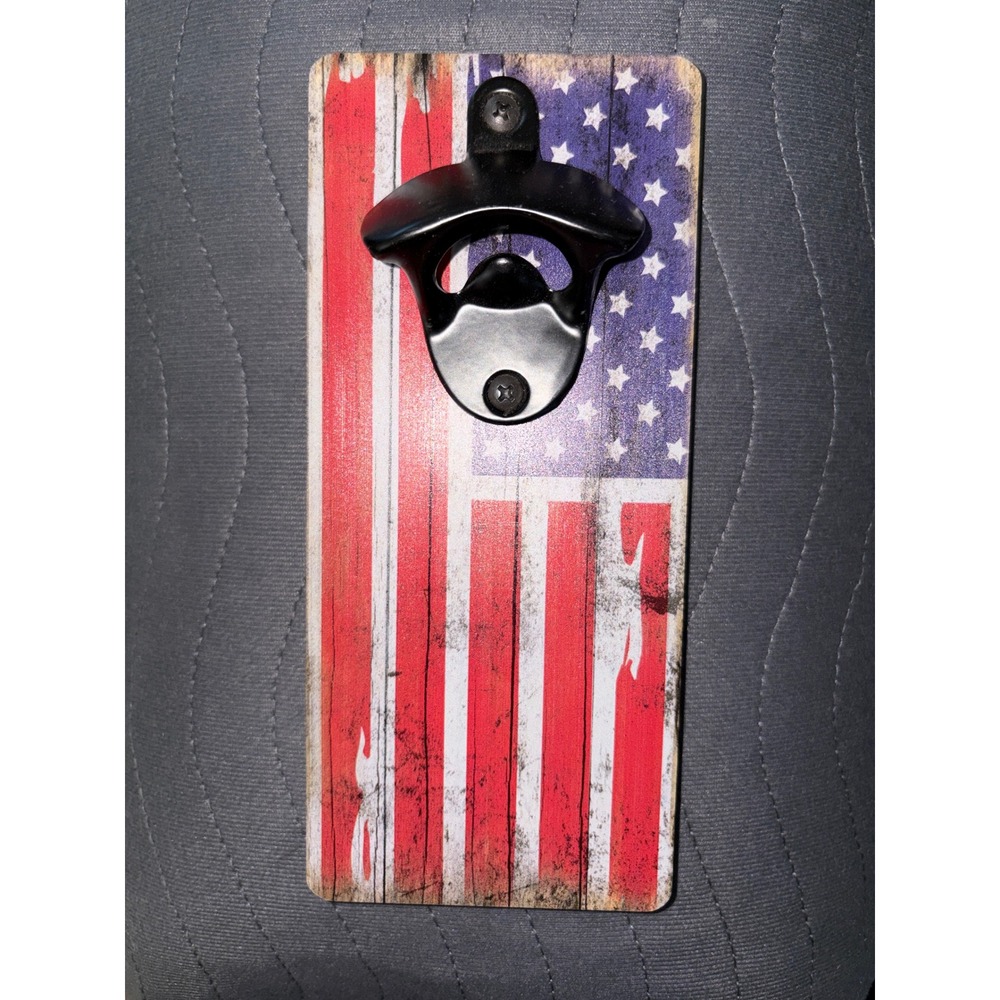 Rustic American Flag Wall Mounted Bottle Opener Wood Base Patriotic Decor 714589
